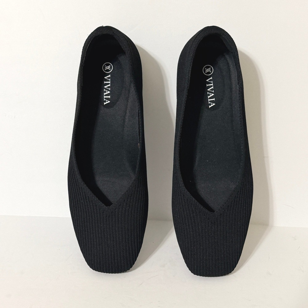 Vivaia Square-Toe Margot V-Cut Black Knit Ballet Flats Womens Size 37.5 US 7